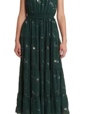 Lost + Wander Emerald Green Sequin Tiered Maxi Skirt